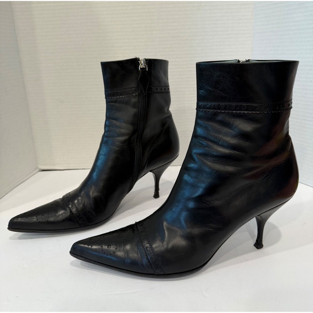 Jil Sander Black Embellished Leather Pointed Toe Kitten Heel Zip Ankle Boots 9